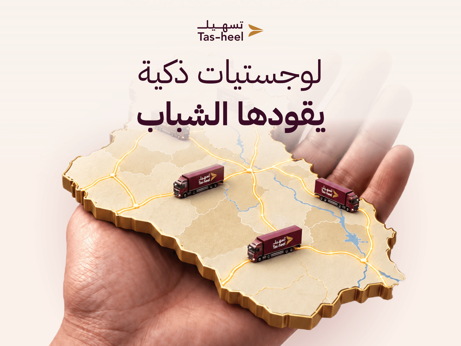 يد تحمل خريطة العراق مع شاحنات تسهيل — لوجستيات ذكية يقودها الشباب